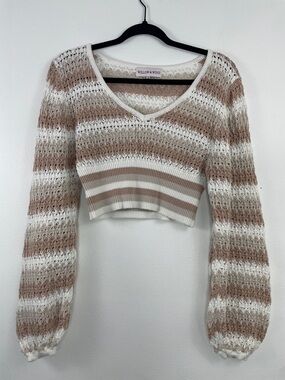 Willow & Wind Striped Crochet V-Neck Cropped Sweater - Cream & Tan